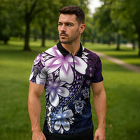 Polynesia Romantic Valentine Zipper Polo Shirt Sea Turtle Couple With Purple Gradient Plumeria LT05 - Polynesian Pride