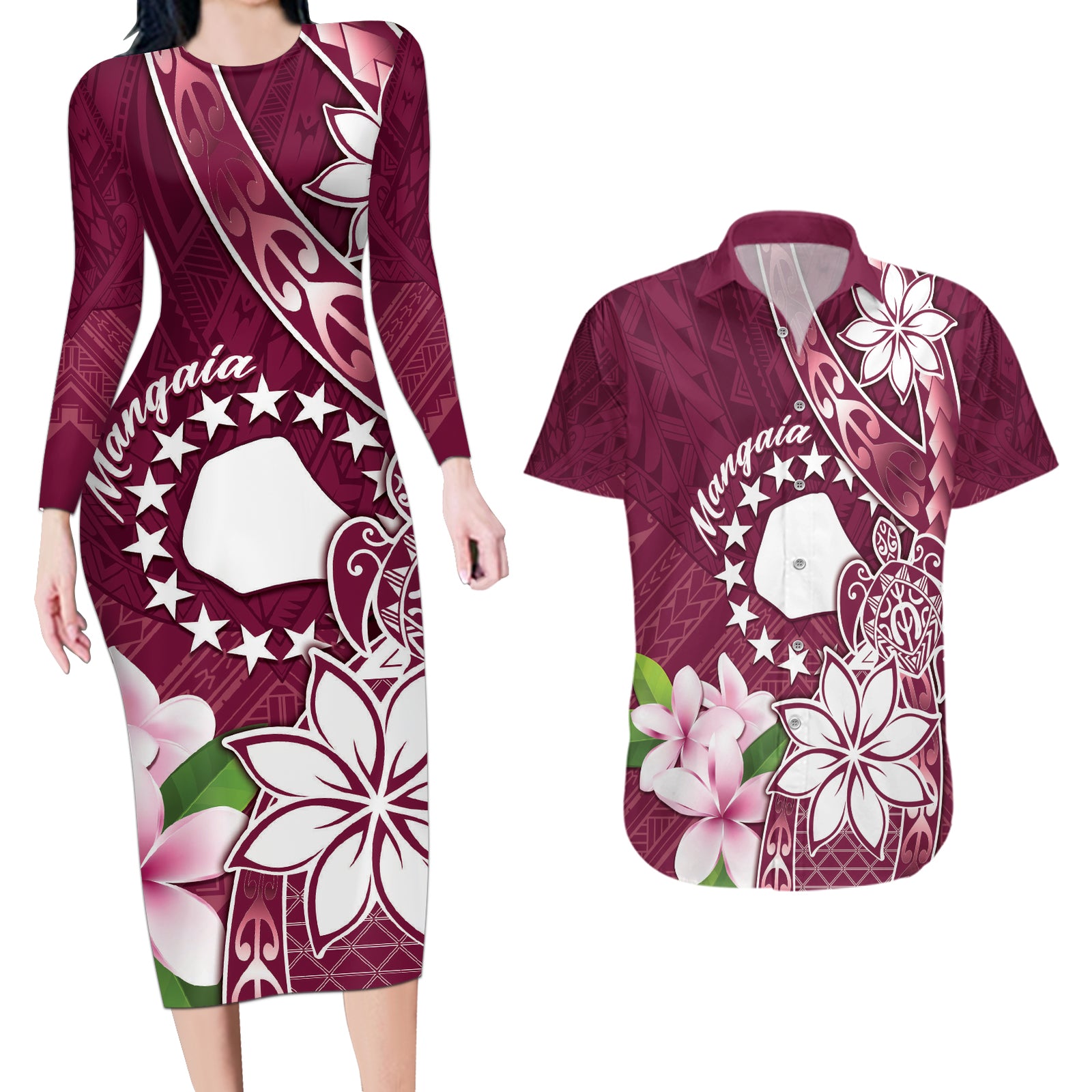 Personalised Cook Island Mangaia Gospel Day Couples Matching Long Sleeve Bodycon Dress and Hawaiian Shirt Floral Tribal Pattern LT05 Maroon - Polynesian Pride