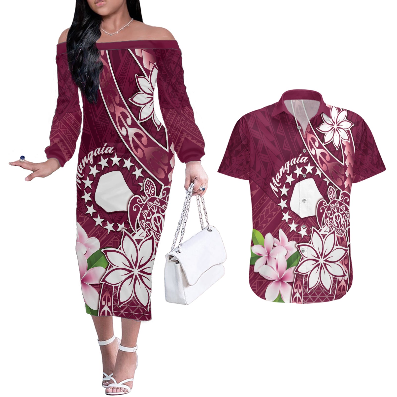 Personalised Cook Island Mangaia Gospel Day Couples Matching Off The Shoulder Long Sleeve Dress and Hawaiian Shirt Floral Tribal Pattern LT05 Maroon - Polynesian Pride