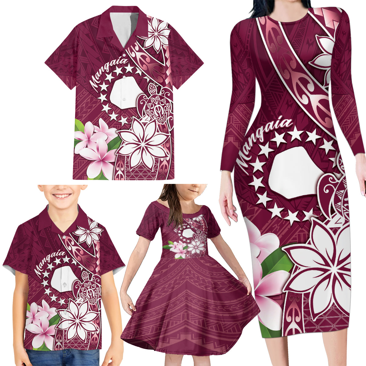 Personalised Cook Island Mangaia Gospel Day Family Matching Long Sleeve Bodycon Dress and Hawaiian Shirt Floral Tribal Pattern LT05 - Polynesian Pride