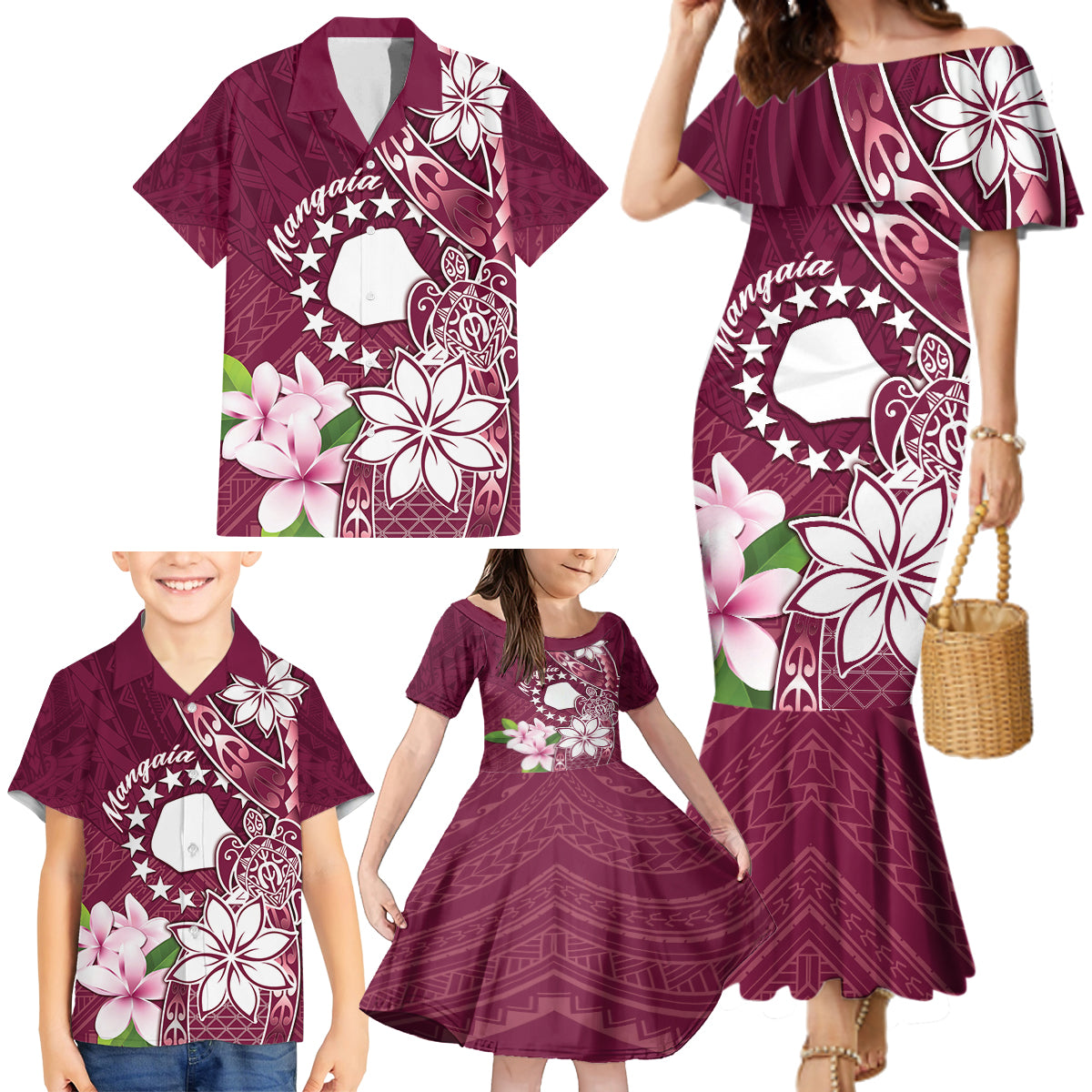 Personalised Cook Island Mangaia Gospel Day Family Matching Mermaid Dress and Hawaiian Shirt Floral Tribal Pattern LT05 - Polynesian Pride