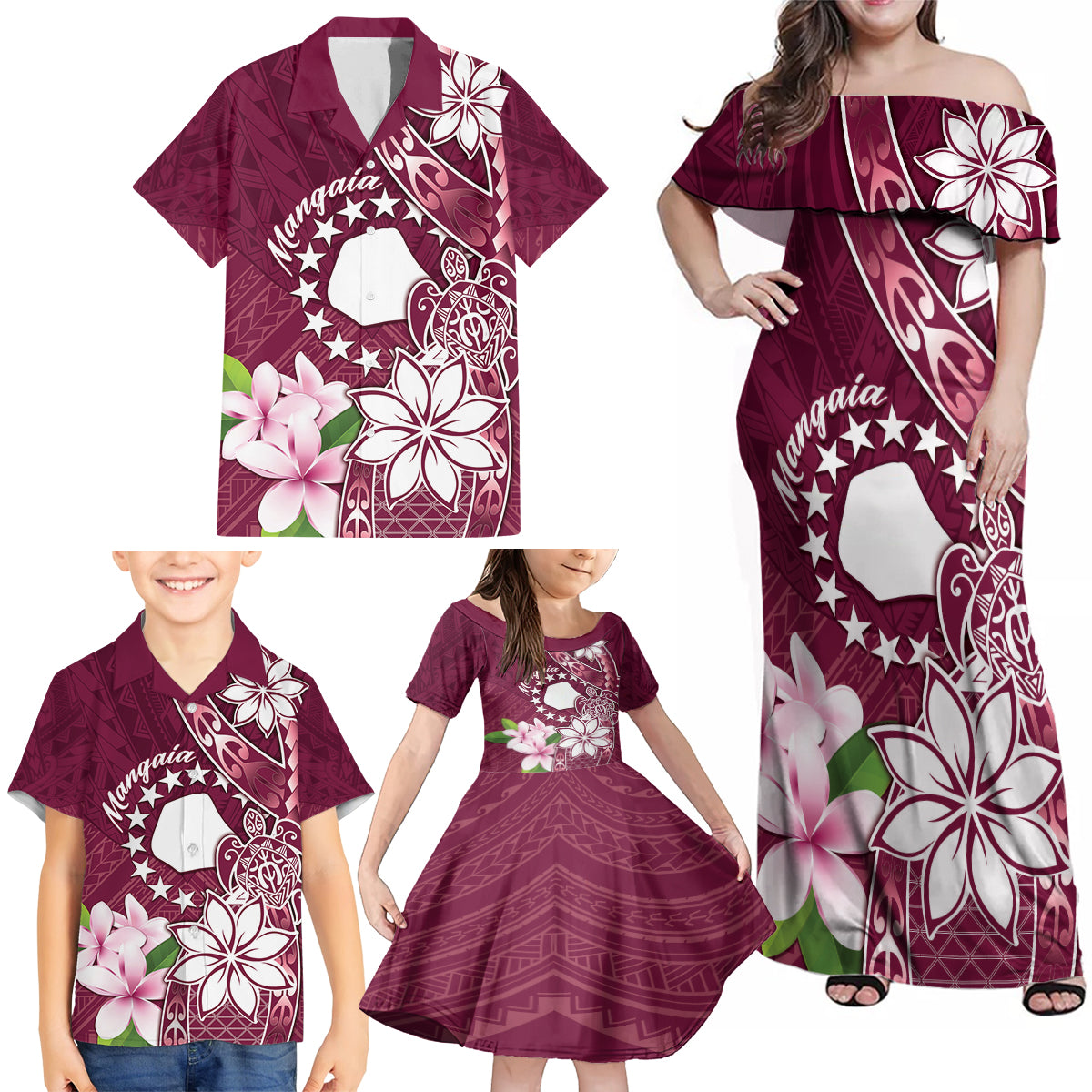 Personalised Cook Island Mangaia Gospel Day Family Matching Off Shoulder Maxi Dress and Hawaiian Shirt Floral Tribal Pattern LT05 - Polynesian Pride