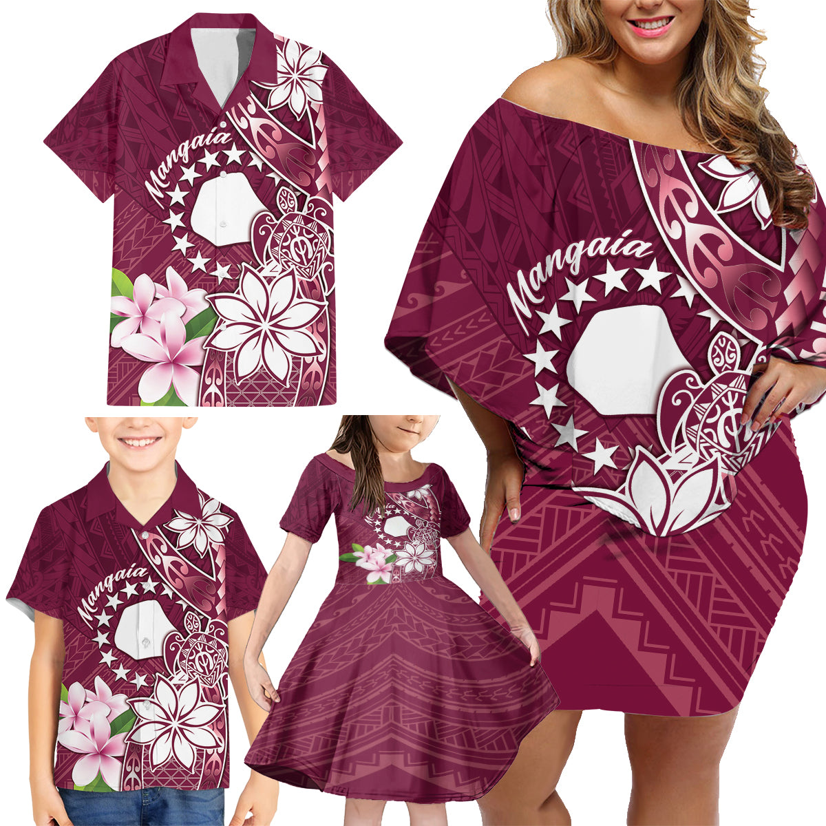 Personalised Cook Island Mangaia Gospel Day Family Matching Off Shoulder Short Dress and Hawaiian Shirt Floral Tribal Pattern