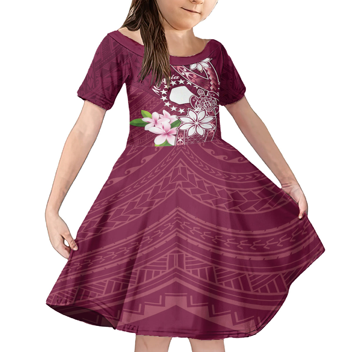 Personalised Cook Island Mangaia Gospel Day Family Matching Puletasi and Hawaiian Shirt Floral Tribal Pattern LT05 Daughter's Dress Maroon - Polynesian Pride