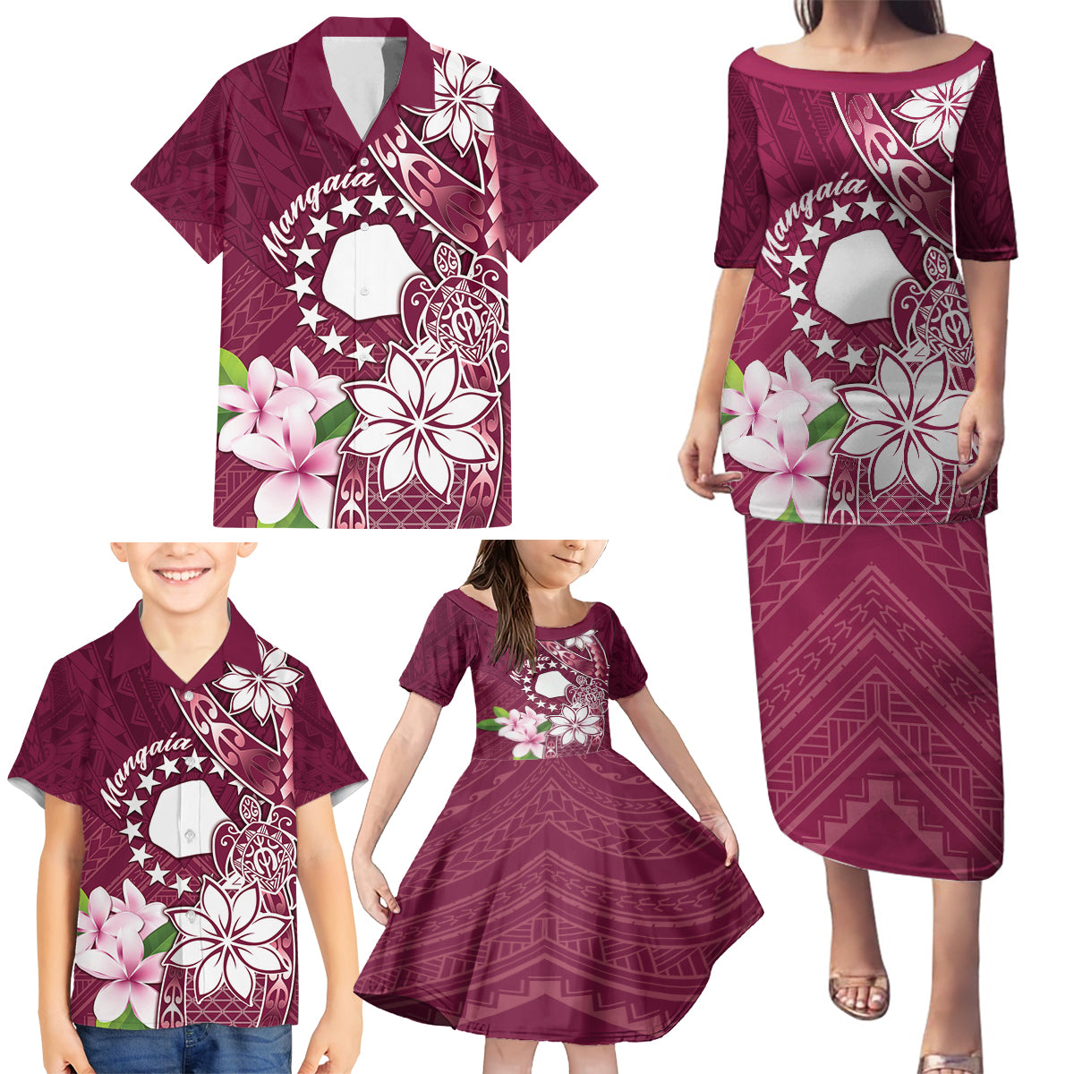 Personalised Cook Island Mangaia Gospel Day Family Matching Puletasi and Hawaiian Shirt Floral Tribal Pattern