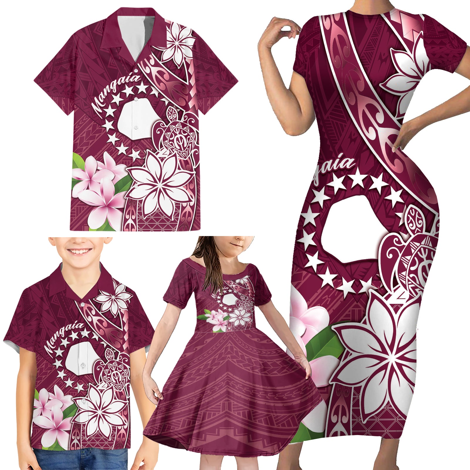 Personalised Cook Island Mangaia Gospel Day Family Matching Short Sleeve Bodycon Dress and Hawaiian Shirt Floral Tribal Pattern