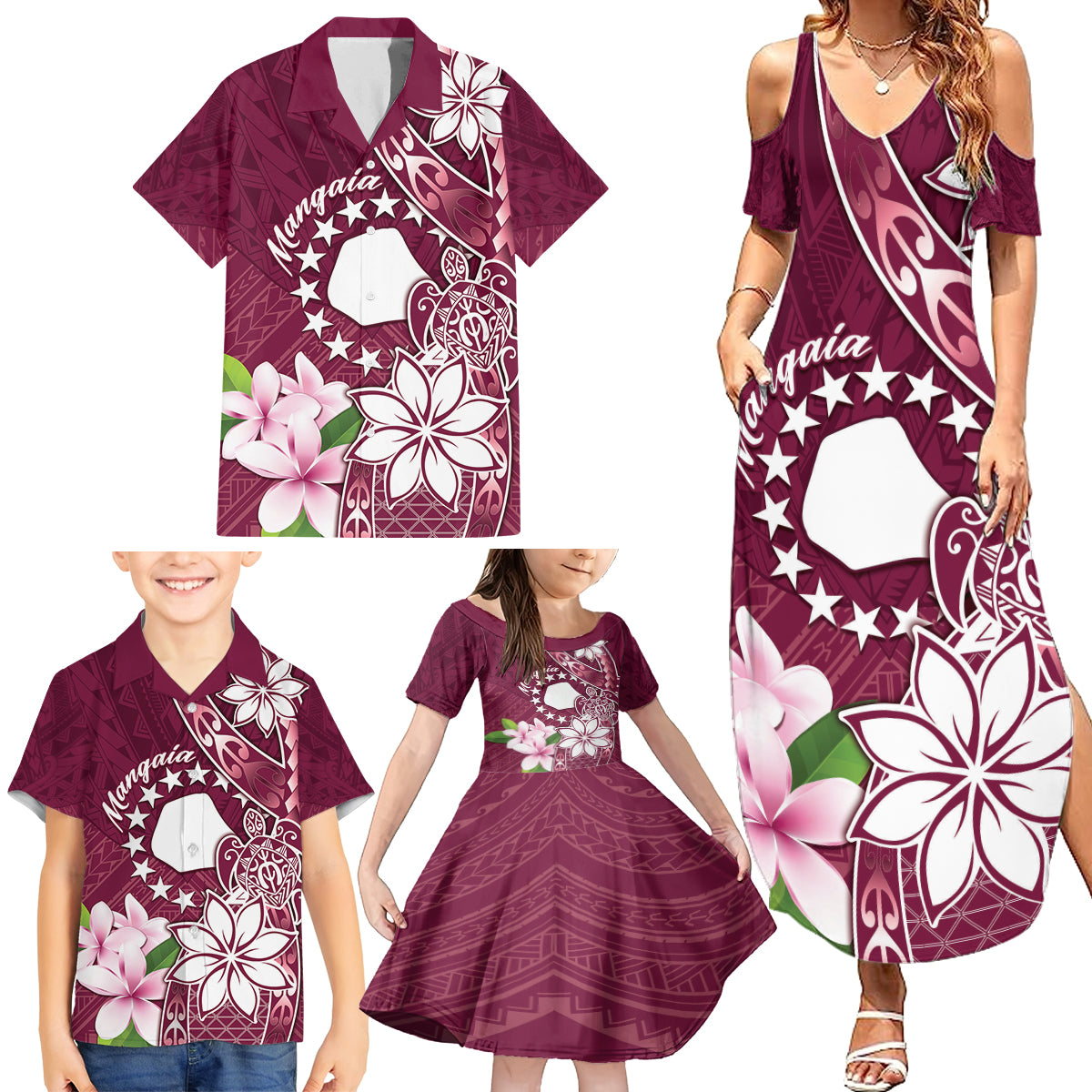 Personalised Cook Island Mangaia Gospel Day Family Matching Summer Maxi Dress and Hawaiian Shirt Floral Tribal Pattern