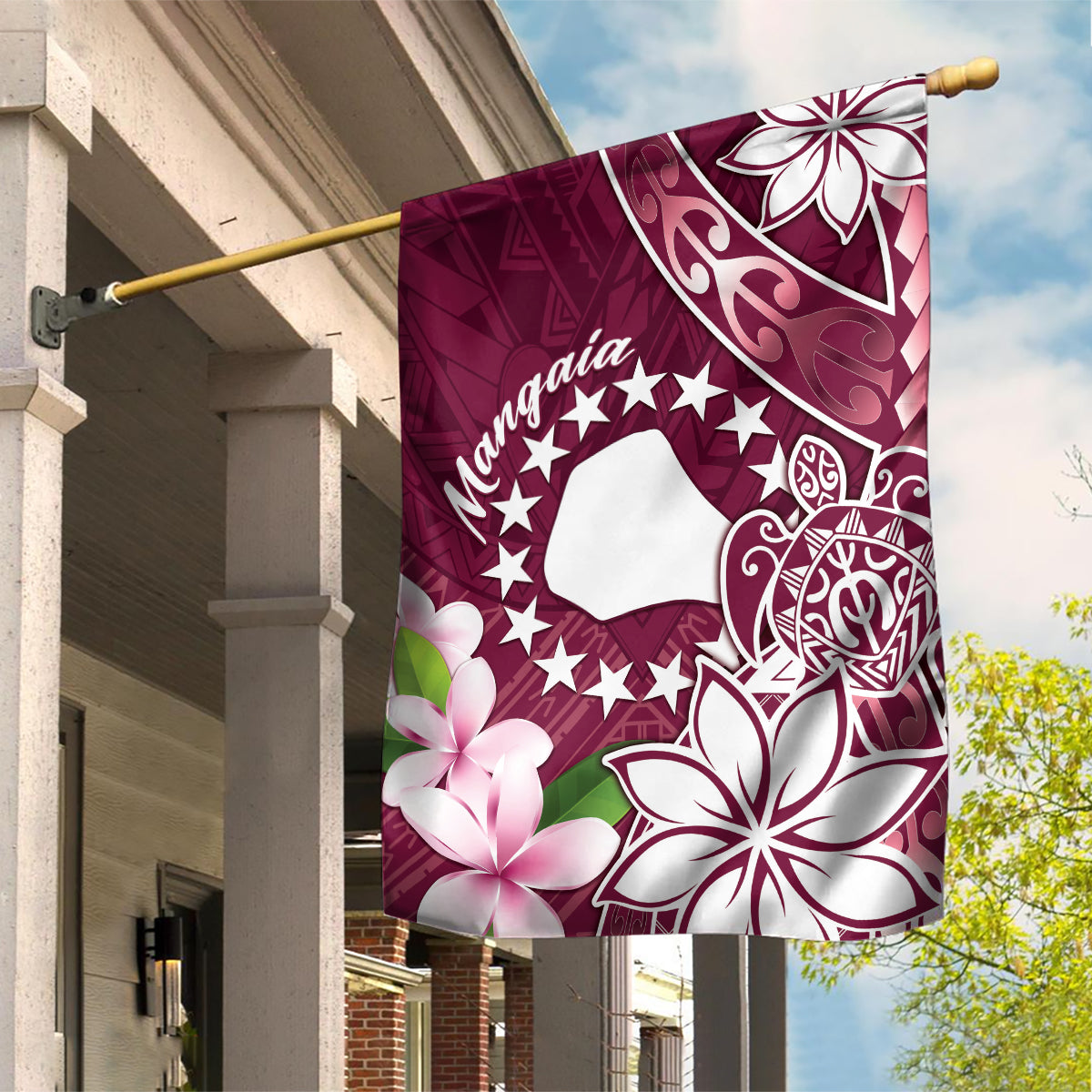 Cook Island Mangaia Gospel Day Garden Flag Floral Tribal Pattern LT05 House Flag Maroon - Polynesian Pride