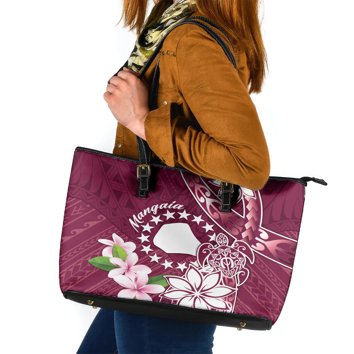 Cook Island Mangaia Gospel Day Leather Tote Bag Floral Tribal Pattern LT05 Maroon - Polynesian Pride