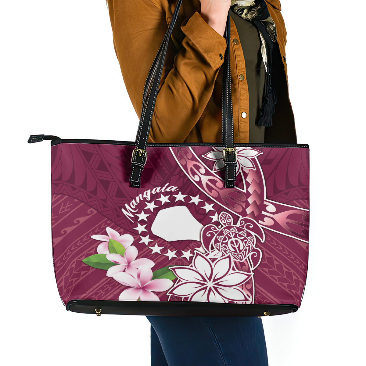 Cook Island Mangaia Gospel Day Leather Tote Bag Floral Tribal Pattern LT05 - Polynesian Pride