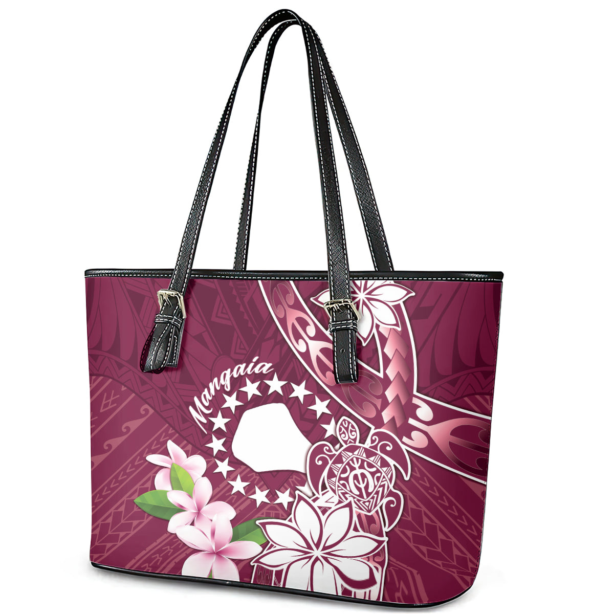 Cook Island Mangaia Gospel Day Leather Tote Bag Floral Tribal Pattern LT05 - Polynesian Pride
