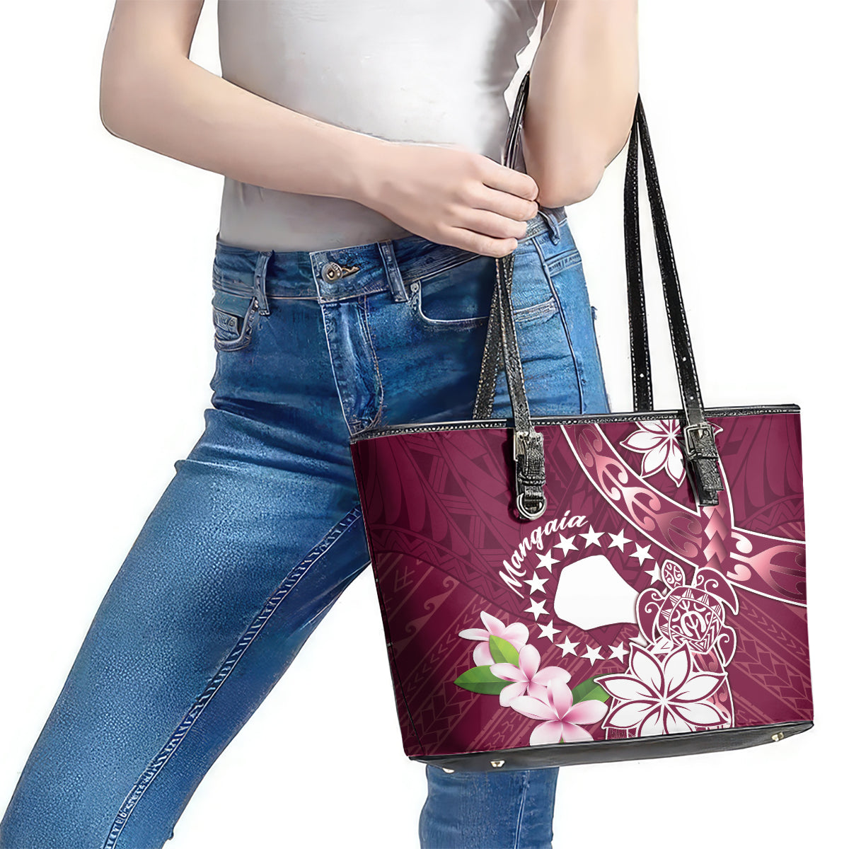 Cook Island Mangaia Gospel Day Leather Tote Bag Floral Tribal Pattern LT05 - Polynesian Pride