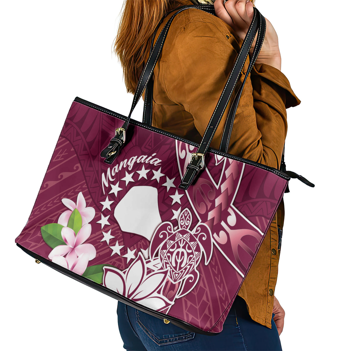 Cook Island Mangaia Gospel Day Leather Tote Bag Floral Tribal Pattern LT05 - Polynesian Pride