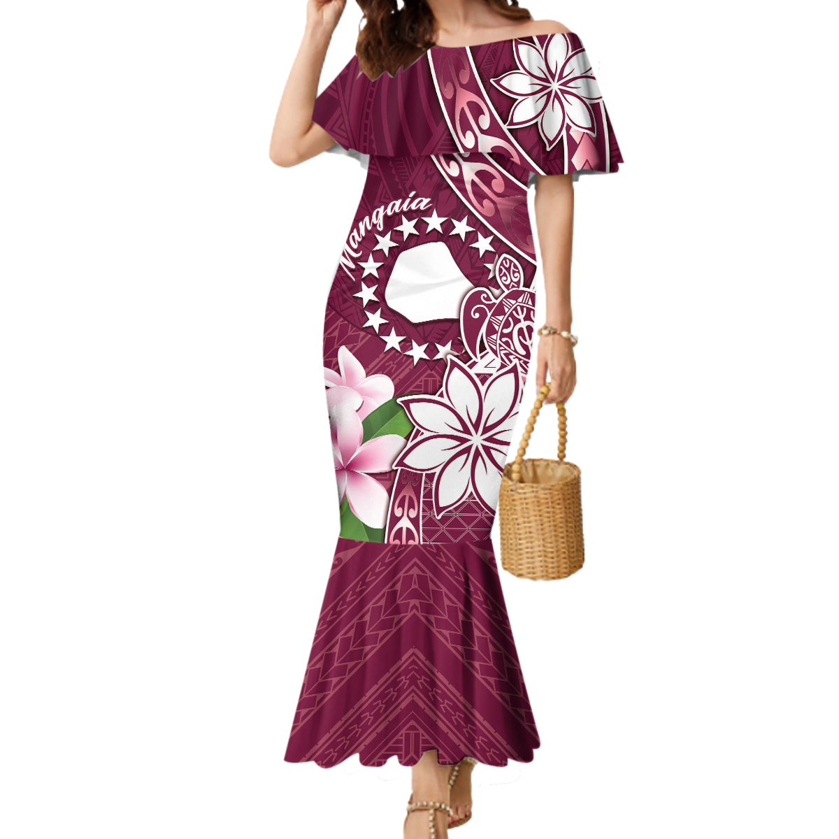 Personalised Cook Island Mangaia Gospel Day Mermaid Dress Floral Tribal Pattern