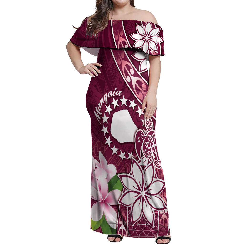 Personalised Cook Island Mangaia Gospel Day Off Shoulder Maxi Dress Floral Tribal Pattern LT05 Women Maroon - Polynesian Pride