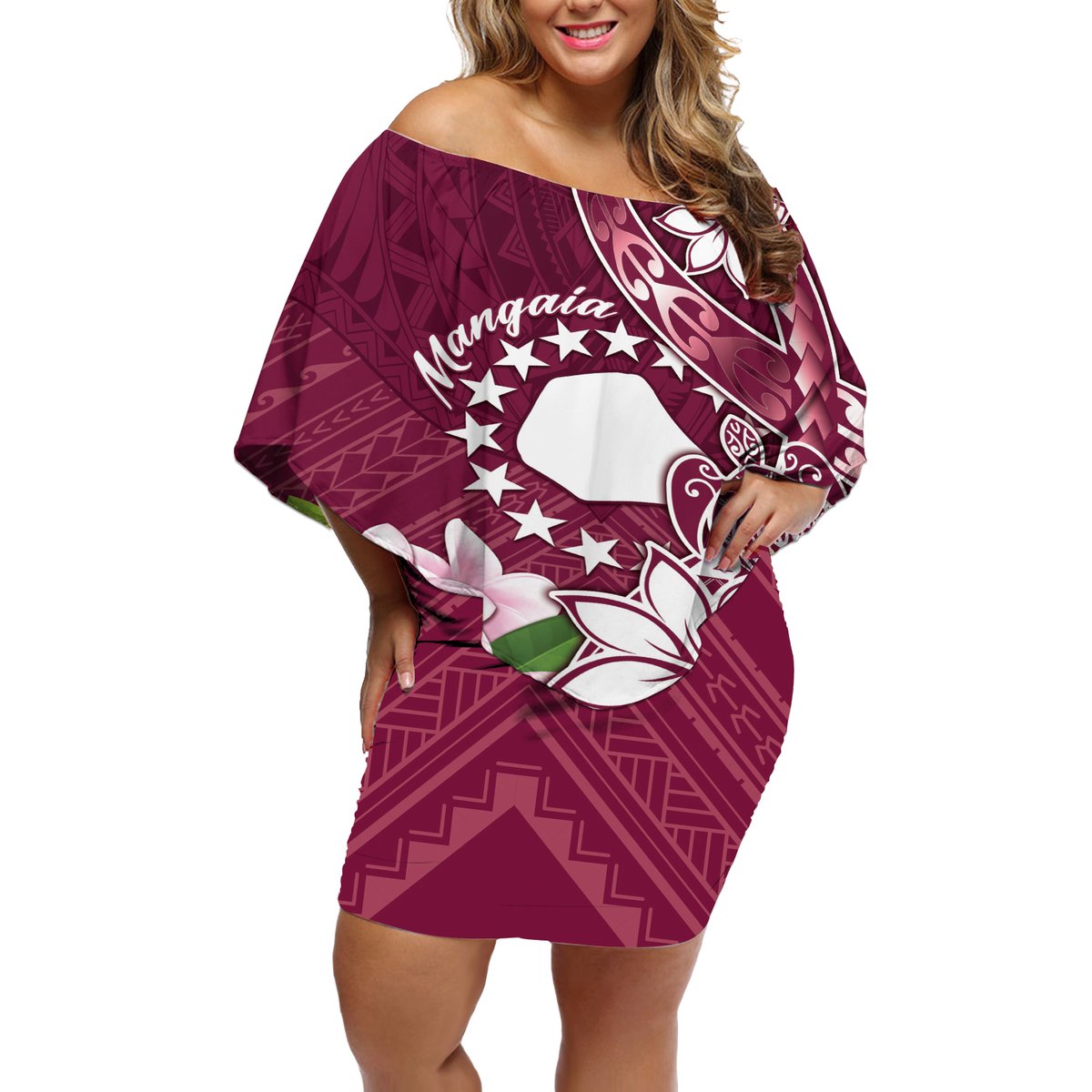 Personalised Cook Island Mangaia Gospel Day Off Shoulder Short Dress Floral Tribal Pattern LT05 Women Maroon - Polynesian Pride