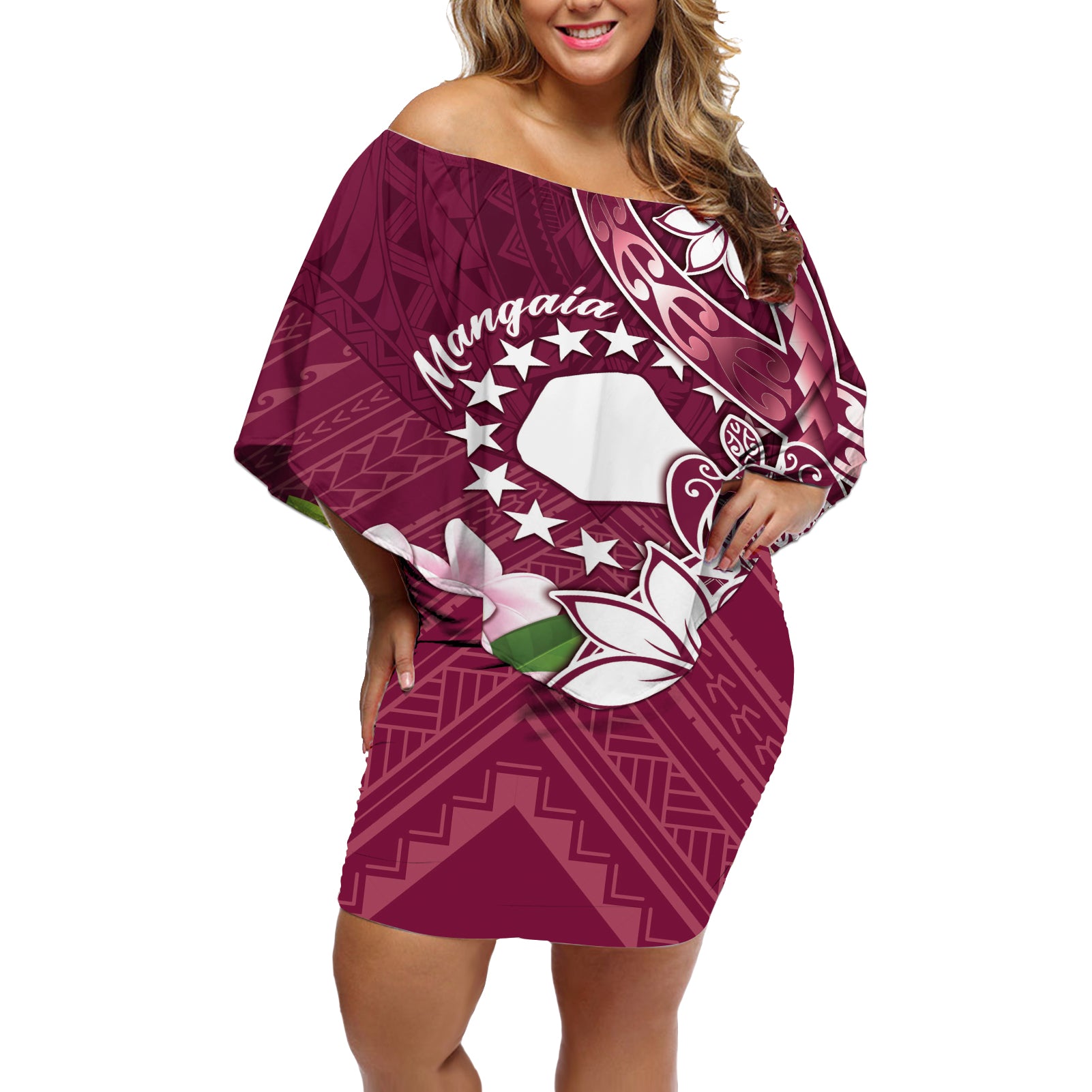 Personalised Cook Island Mangaia Gospel Day Off Shoulder Short Dress Floral Tribal Pattern