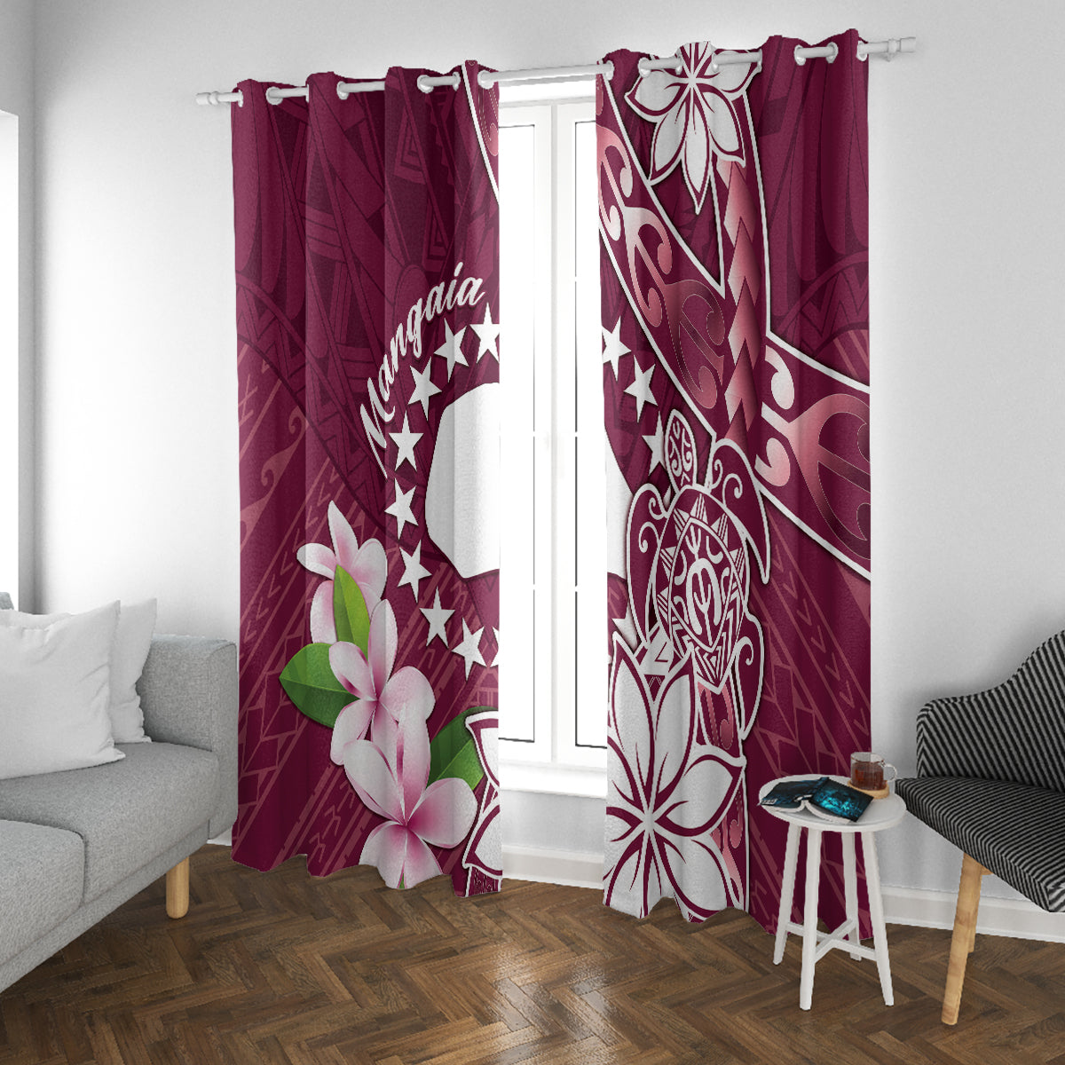 Cook Island Mangaia Gospel Day Window Curtain Floral Tribal Pattern LT05 With Grommets Maroon - Polynesian Pride