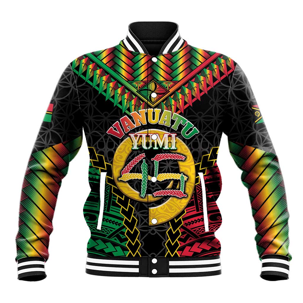 Vanuatu 45th Anniversary Independence Day Baseball Jacket Melanesian Warrior With Sand Drawing Pattern LT05 Unisex Black - Polynesian Pride