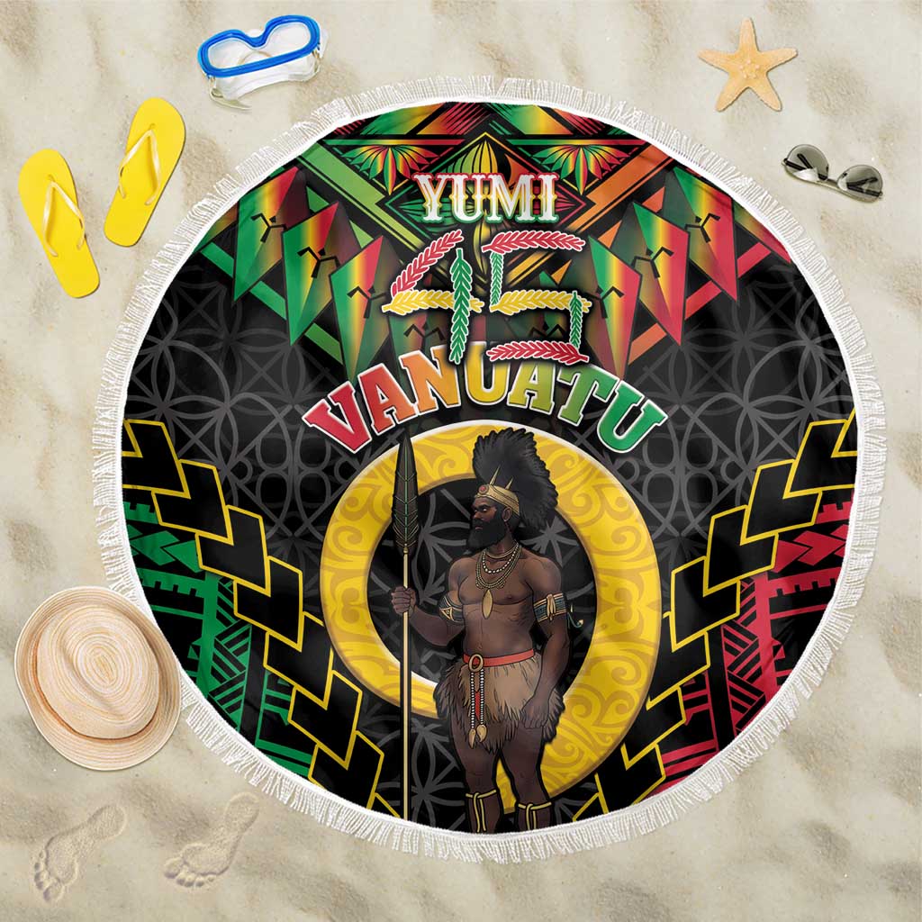 Vanuatu 45th Anniversary Independence Day Beach Blanket Melanesian Warrior With Sand Drawing Pattern LT05 One Size 150cm Black - Polynesian Pride