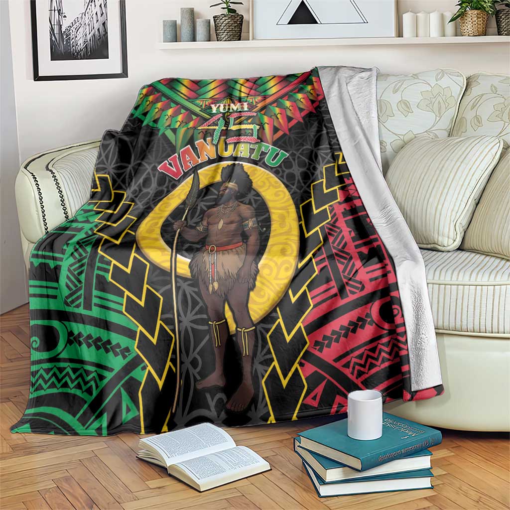 Vanuatu 45th Anniversary Independence Day Blanket Melanesian Warrior With Sand Drawing Pattern LT05 Black - Polynesian Pride