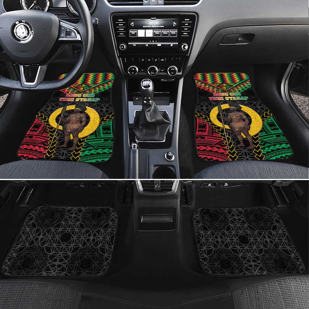 Vanuatu 45th Anniversary Independence Day Car Mats Melanesian Warrior With Sand Drawing Pattern LT05 Set 4pcs Black - Polynesian Pride