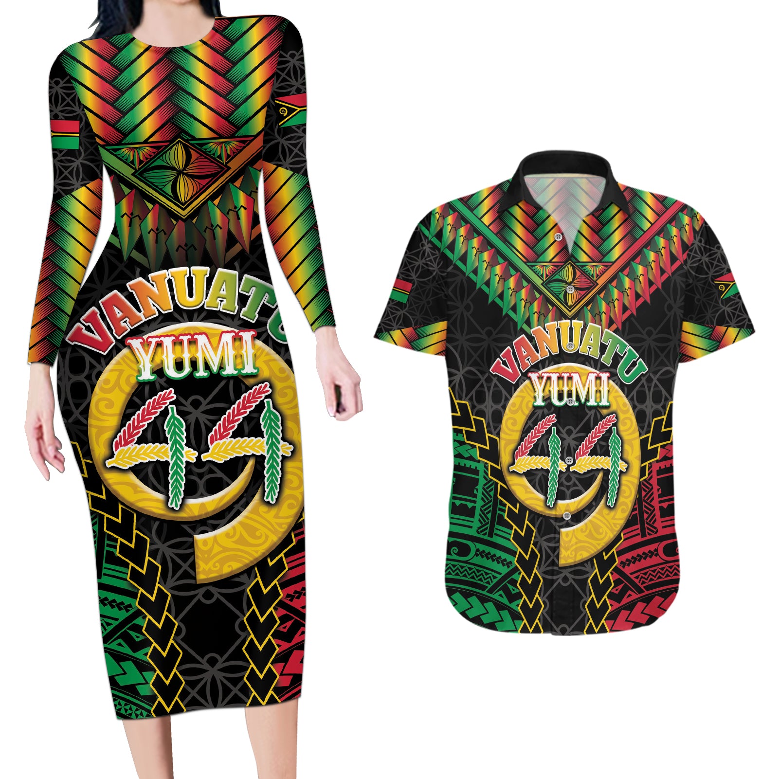 Vanuatu 44th Anniversary Independence Day Couples Matching Long Sleeve Bodycon Dress and Hawaiian Shirt Melanesian Warrior With Sand Drawing Pattern