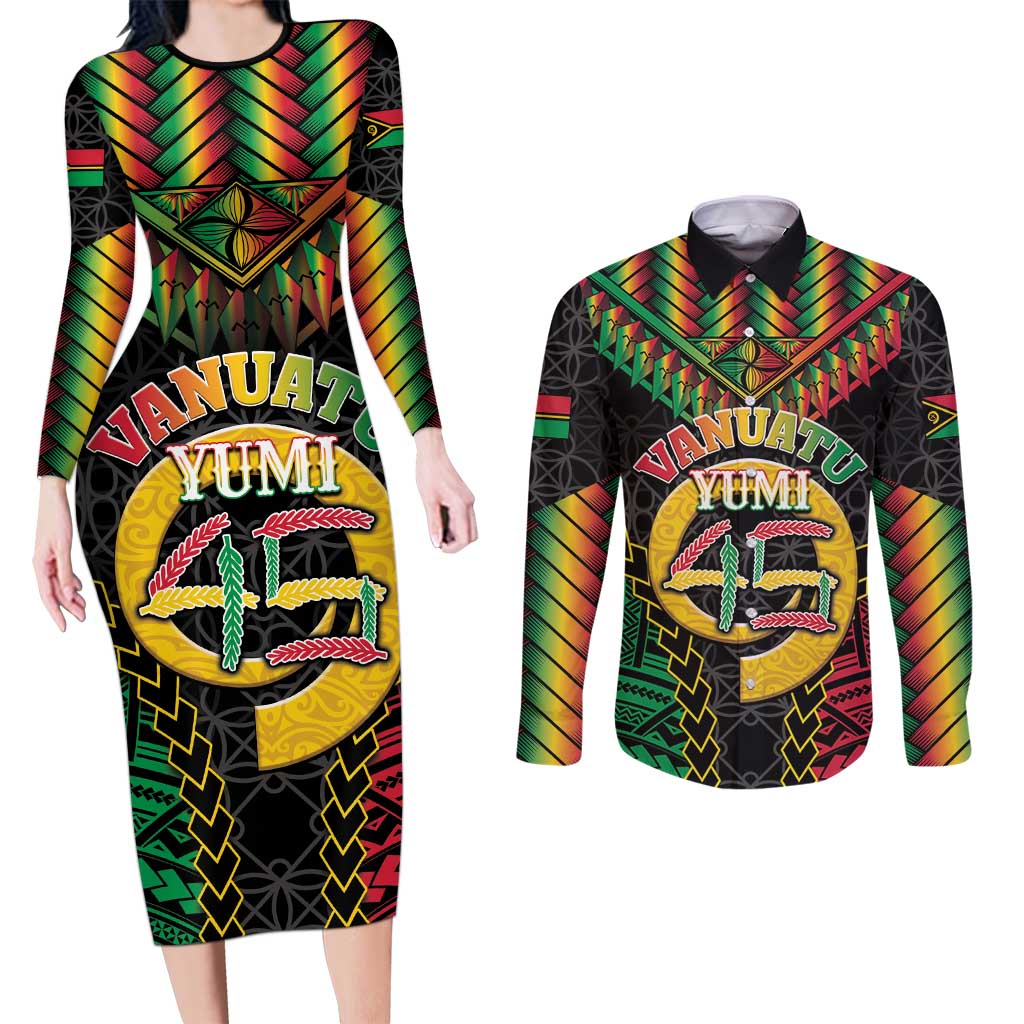 Vanuatu 45th Anniversary Independence Day Couples Matching Long Sleeve Bodycon Dress and Long Sleeve Button Shirt Melanesian Warrior With Sand Drawing Pattern LT05 Black - Polynesian Pride