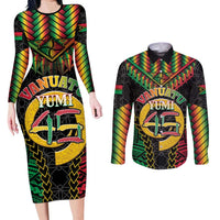 Vanuatu 45th Anniversary Independence Day Couples Matching Long Sleeve Bodycon Dress and Long Sleeve Button Shirt Melanesian Warrior With Sand Drawing Pattern LT05 Black - Polynesian Pride