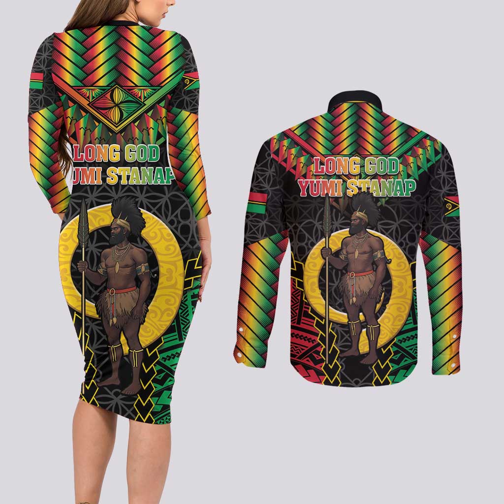 Vanuatu 45th Anniversary Independence Day Couples Matching Long Sleeve Bodycon Dress and Long Sleeve Button Shirt Melanesian Warrior With Sand Drawing Pattern LT05 - Polynesian Pride