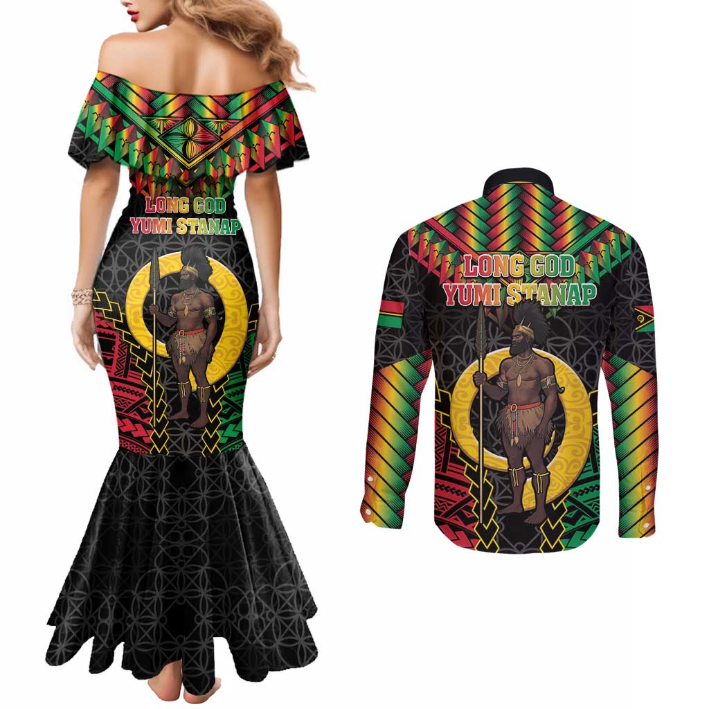Vanuatu 45th Anniversary Independence Day Couples Matching Mermaid Dress and Long Sleeve Button Shirt Melanesian Warrior With Sand Drawing Pattern LT05 - Polynesian Pride