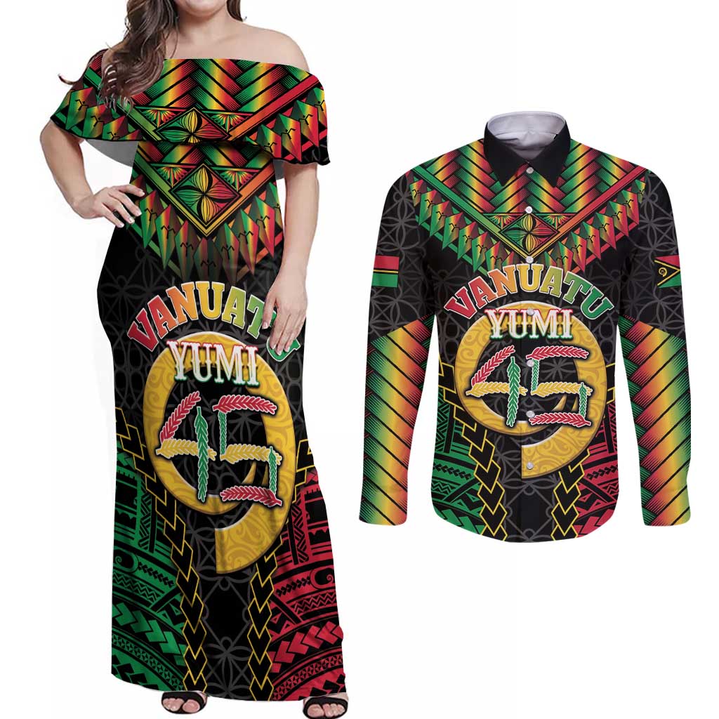 Vanuatu 45th Anniversary Independence Day Couples Matching Off Shoulder Maxi Dress and Long Sleeve Button Shirt Melanesian Warrior With Sand Drawing Pattern LT05 Black - Polynesian Pride