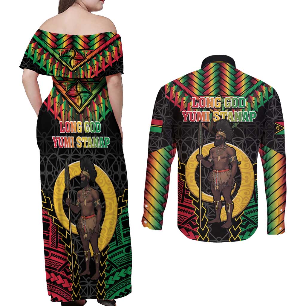 Vanuatu 45th Anniversary Independence Day Couples Matching Off Shoulder Maxi Dress and Long Sleeve Button Shirt Melanesian Warrior With Sand Drawing Pattern LT05 - Polynesian Pride