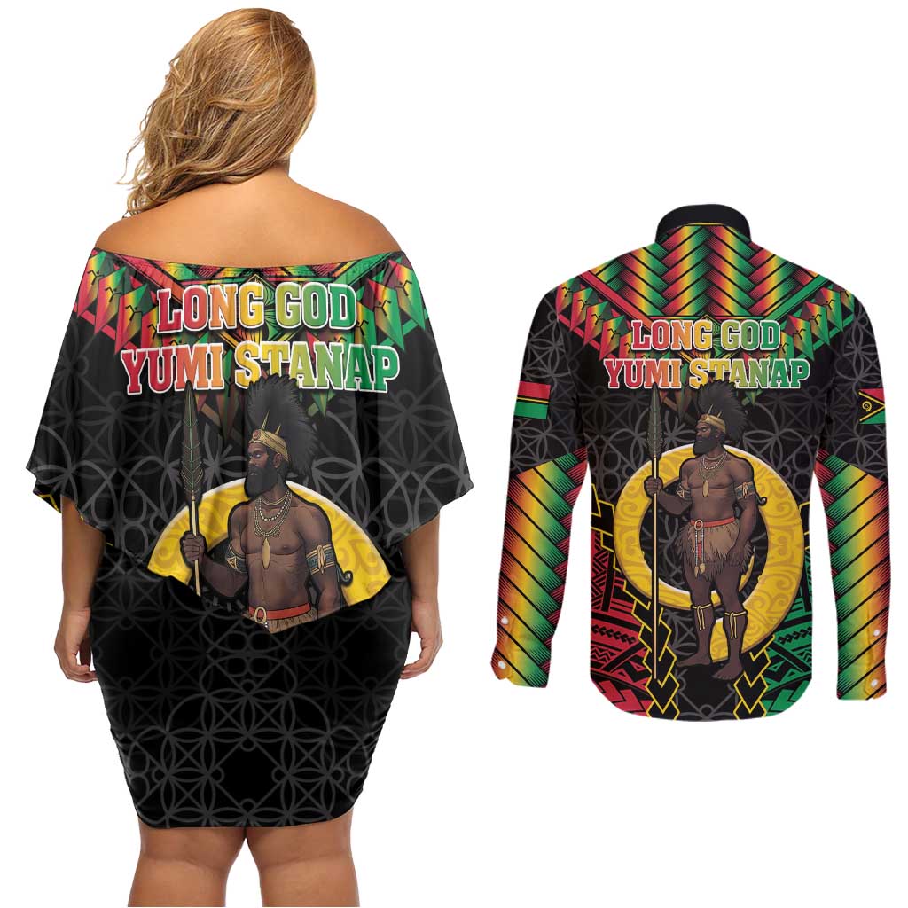 Vanuatu 45th Anniversary Independence Day Couples Matching Off Shoulder Short Dress and Long Sleeve Button Shirt Melanesian Warrior With Sand Drawing Pattern LT05 - Polynesian Pride