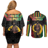 Vanuatu 45th Anniversary Independence Day Couples Matching Off Shoulder Short Dress and Long Sleeve Button Shirt Melanesian Warrior With Sand Drawing Pattern LT05 - Polynesian Pride