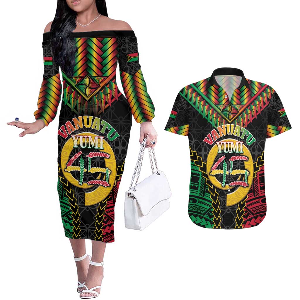 Vanuatu 45th Anniversary Independence Day Couples Matching Off The Shoulder Long Sleeve Dress and Hawaiian Shirt Melanesian Warrior With Sand Drawing Pattern LT05