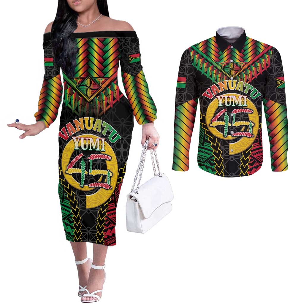 Vanuatu 45th Anniversary Independence Day Couples Matching Off The Shoulder Long Sleeve Dress and Long Sleeve Button Shirt Melanesian Warrior With Sand Drawing Pattern LT05 Black - Polynesian Pride