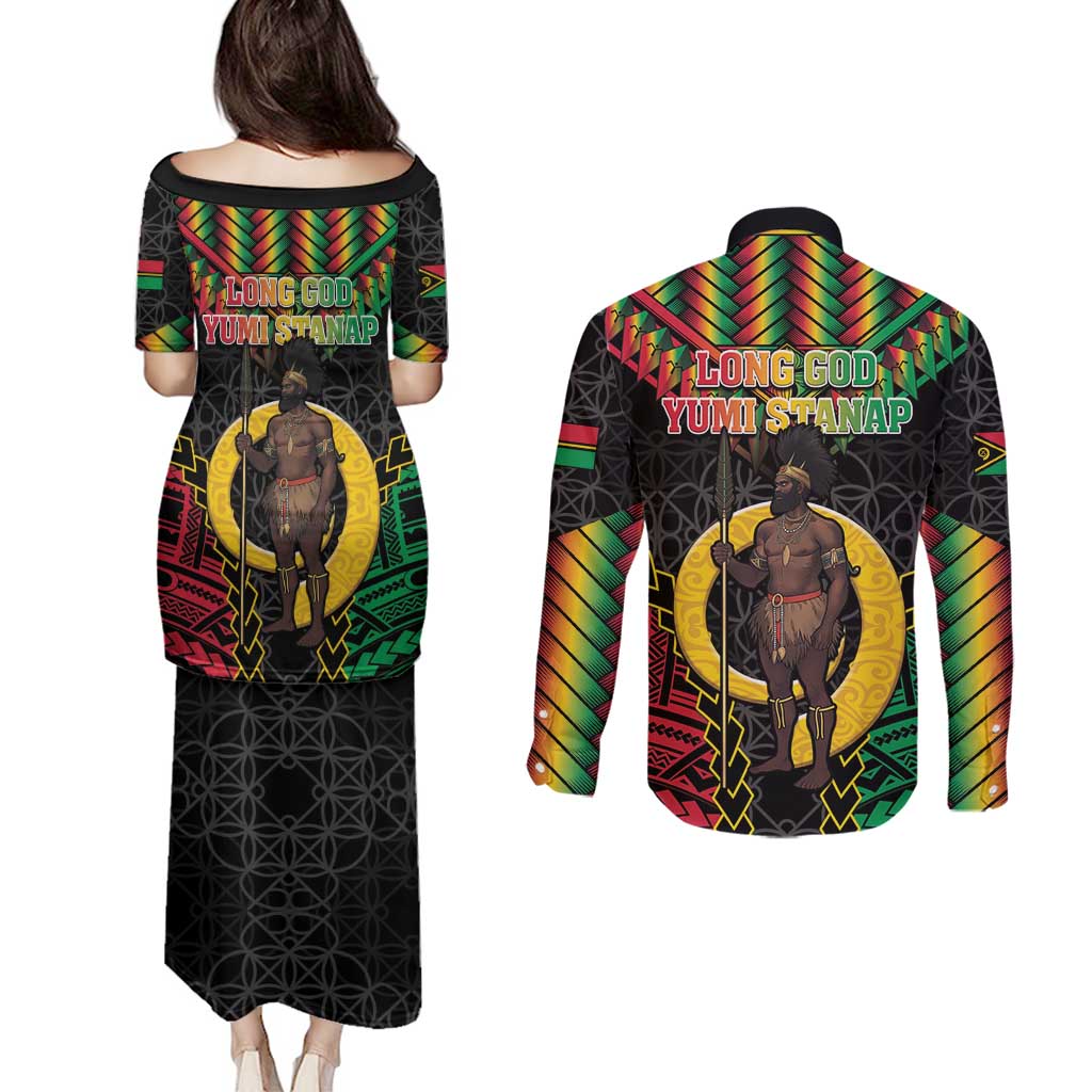 Vanuatu 45th Anniversary Independence Day Couples Matching Puletasi and Long Sleeve Button Shirt Melanesian Warrior With Sand Drawing Pattern LT05 - Polynesian Pride