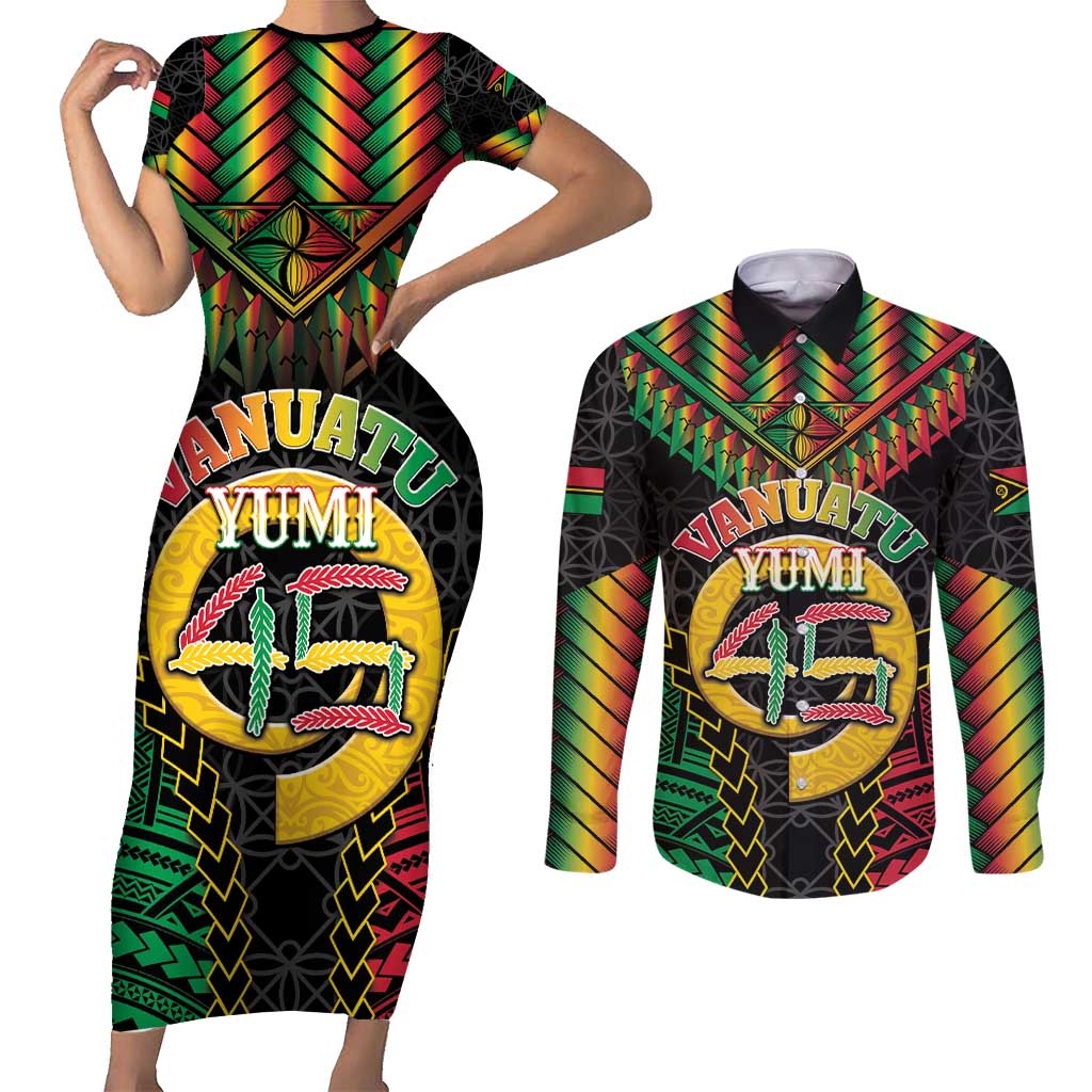 Vanuatu 45th Anniversary Independence Day Couples Matching Short Sleeve Bodycon Dress and Long Sleeve Button Shirt Melanesian Warrior With Sand Drawing Pattern LT05 Black - Polynesian Pride