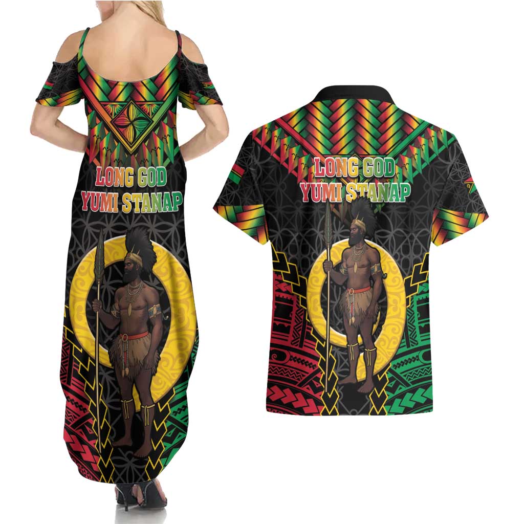 Vanuatu 45th Anniversary Independence Day Couples Matching Summer Maxi Dress and Hawaiian Shirt Melanesian Warrior With Sand Drawing Pattern LT05