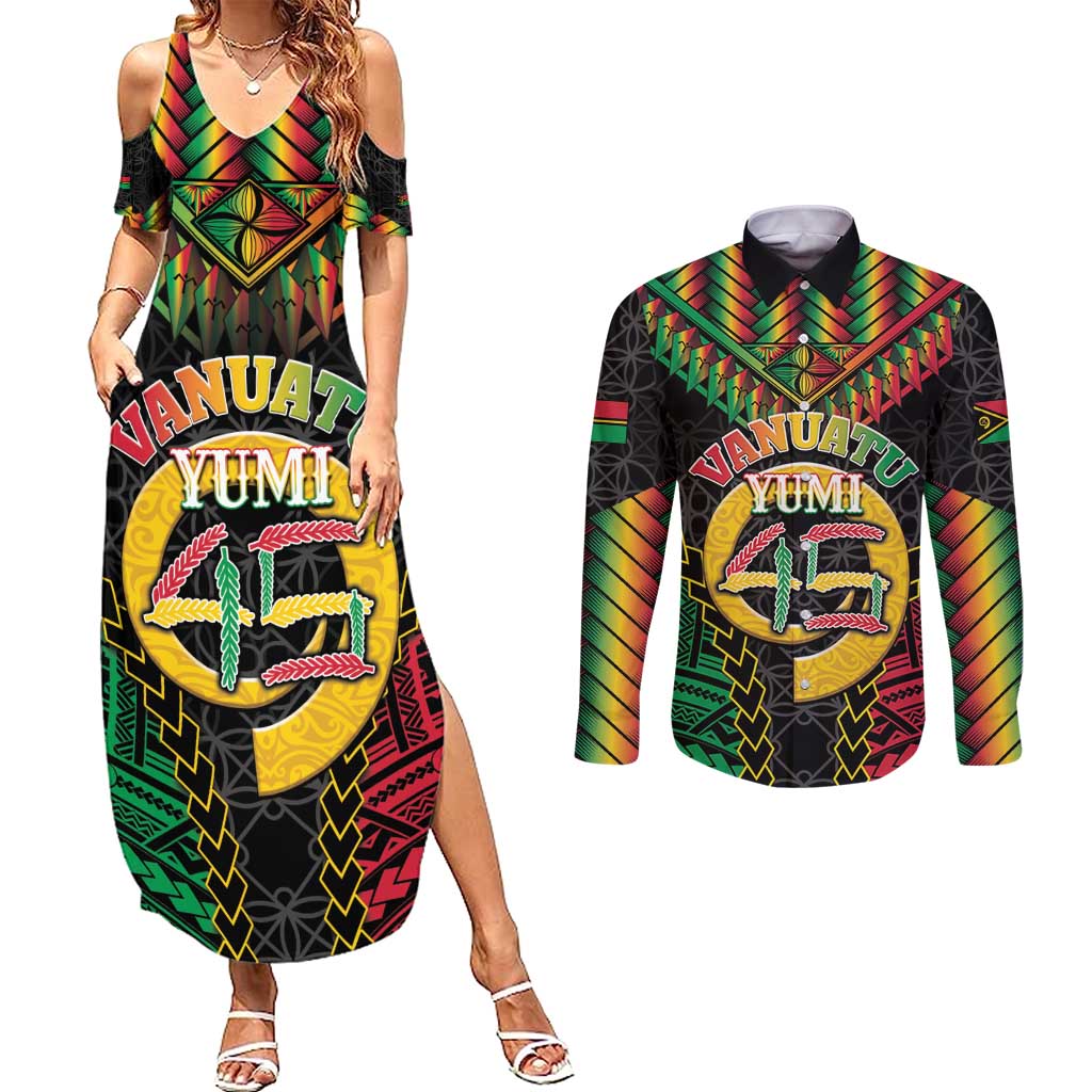 Vanuatu 45th Anniversary Independence Day Couples Matching Summer Maxi Dress and Long Sleeve Button Shirt Melanesian Warrior With Sand Drawing Pattern LT05 Black - Polynesian Pride