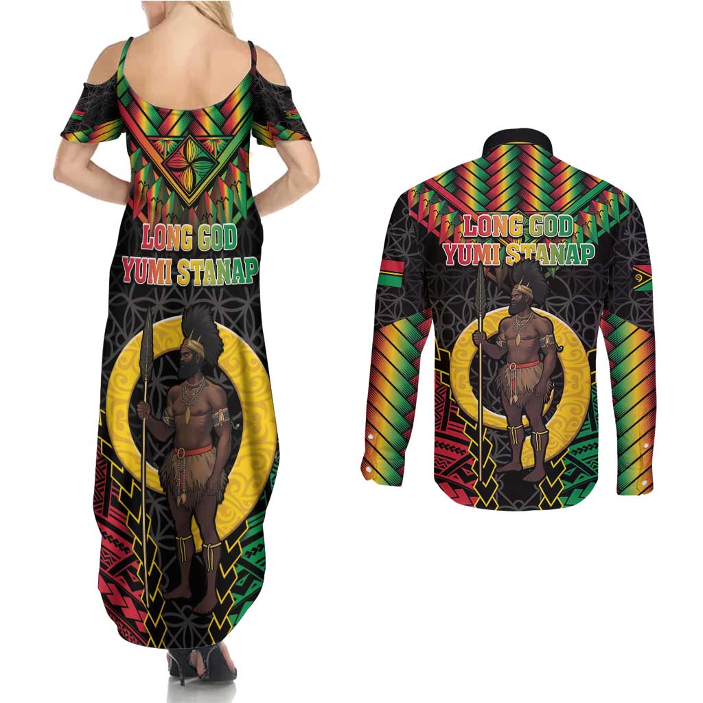 Vanuatu 45th Anniversary Independence Day Couples Matching Summer Maxi Dress and Long Sleeve Button Shirt Melanesian Warrior With Sand Drawing Pattern LT05 - Polynesian Pride