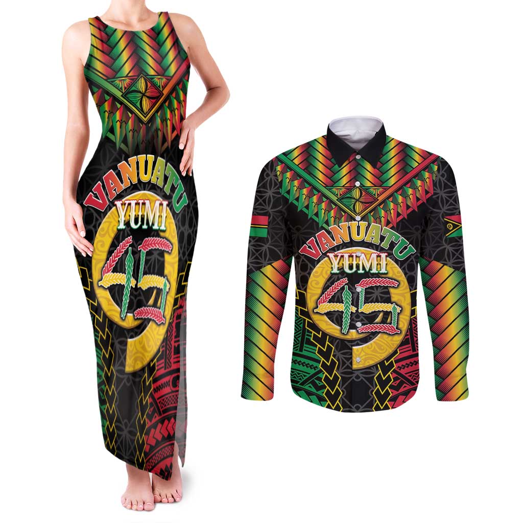 Vanuatu 45th Anniversary Independence Day Couples Matching Tank Maxi Dress and Long Sleeve Button Shirt Melanesian Warrior With Sand Drawing Pattern LT05 Black - Polynesian Pride
