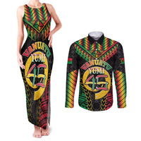Vanuatu 45th Anniversary Independence Day Couples Matching Tank Maxi Dress and Long Sleeve Button Shirt Melanesian Warrior With Sand Drawing Pattern LT05 Black - Polynesian Pride