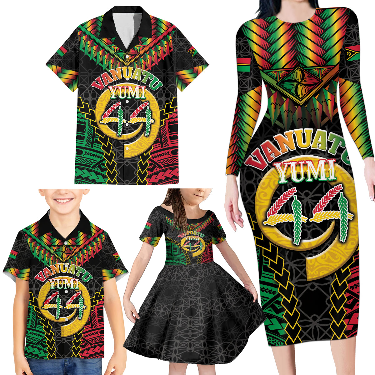 Vanuatu 44th Anniversary Independence Day Family Matching Long Sleeve Bodycon Dress and Hawaiian Shirt Melanesian Warrior With Sand Drawing Pattern