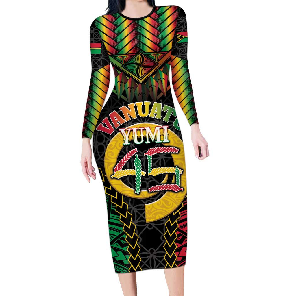 Vanuatu 45th Anniversary Independence Day Family Matching Long Sleeve Bodycon Dress and Hawaiian Shirt Melanesian Warrior With Sand Drawing Pattern LT05