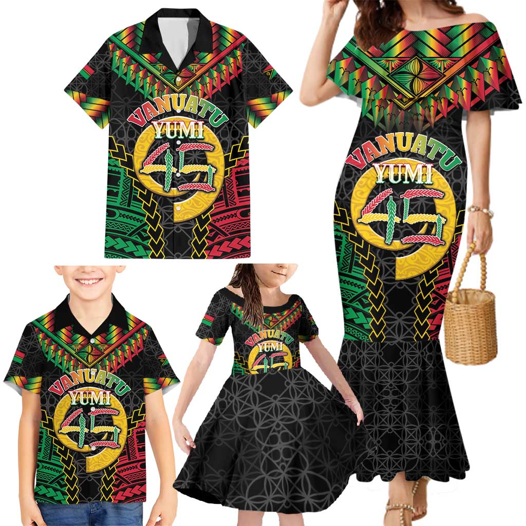 Vanuatu 45th Anniversary Independence Day Family Matching Mermaid Dress and Hawaiian Shirt Melanesian Warrior With Sand Drawing Pattern LT05