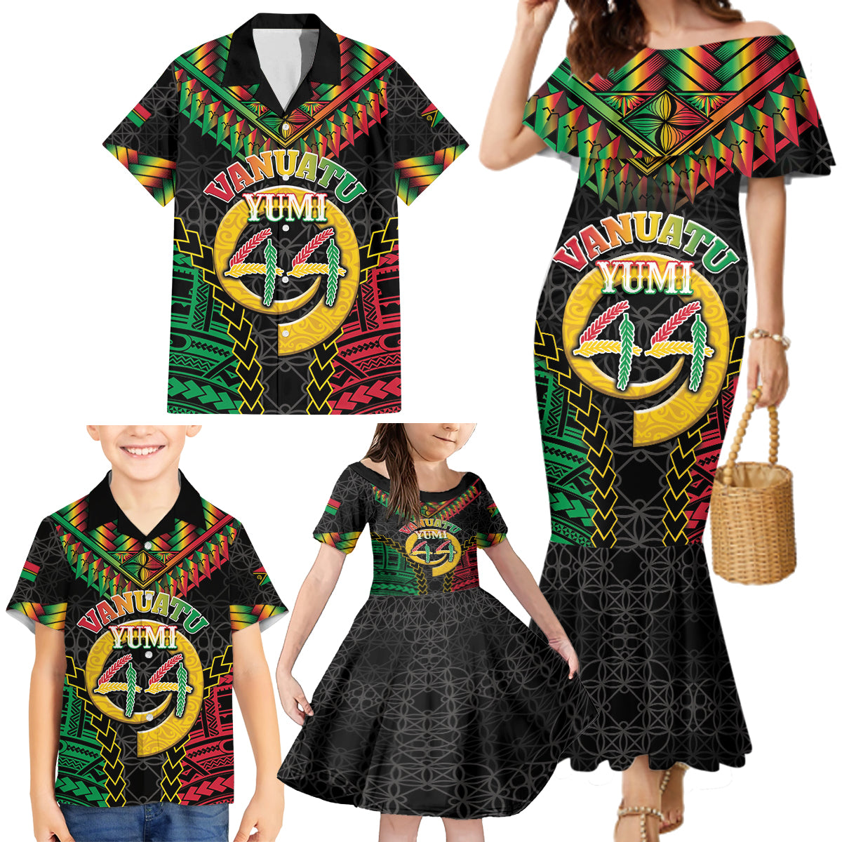 Vanuatu 44th Anniversary Independence Day Family Matching Mermaid Dress and Hawaiian Shirt Melanesian Warrior With Sand Drawing Pattern