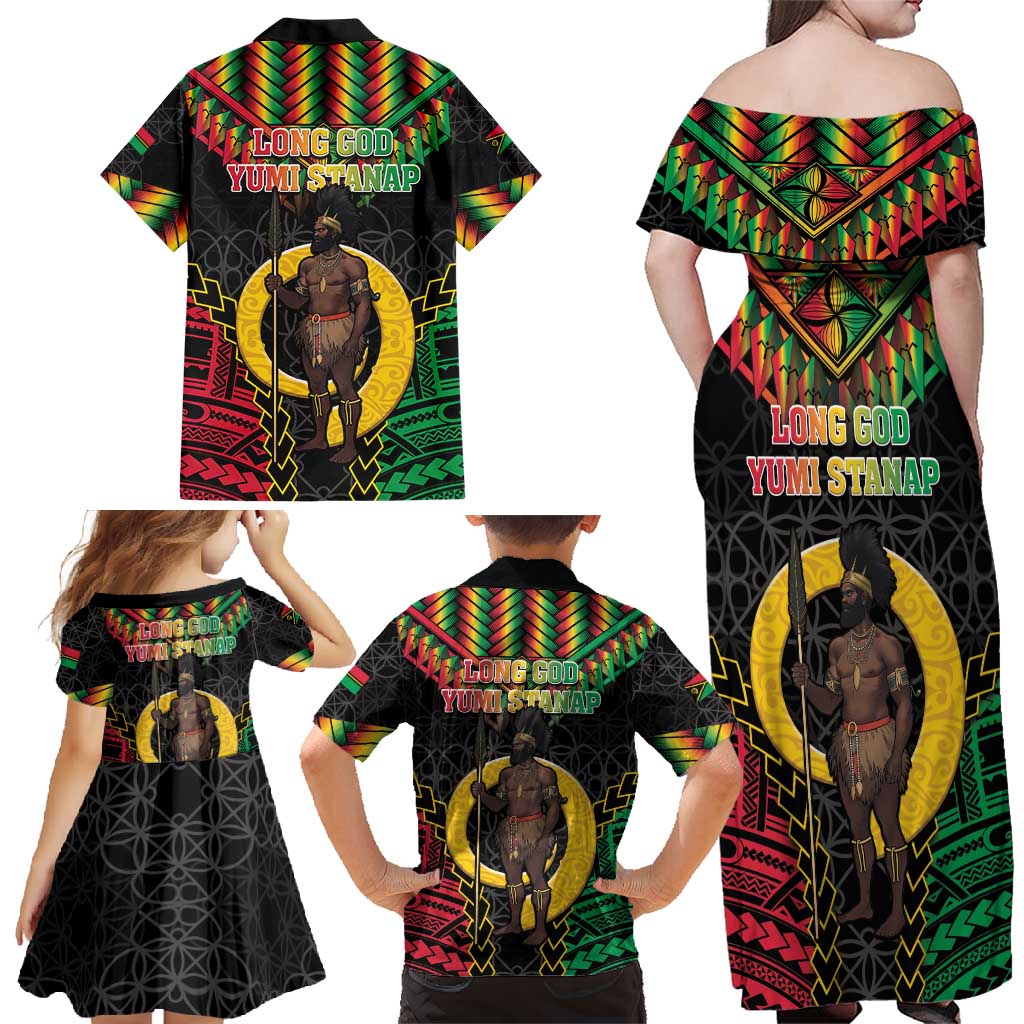 Vanuatu 45th Anniversary Independence Day Family Matching Off Shoulder Maxi Dress and Hawaiian Shirt Melanesian Warrior With Sand Drawing Pattern LT05