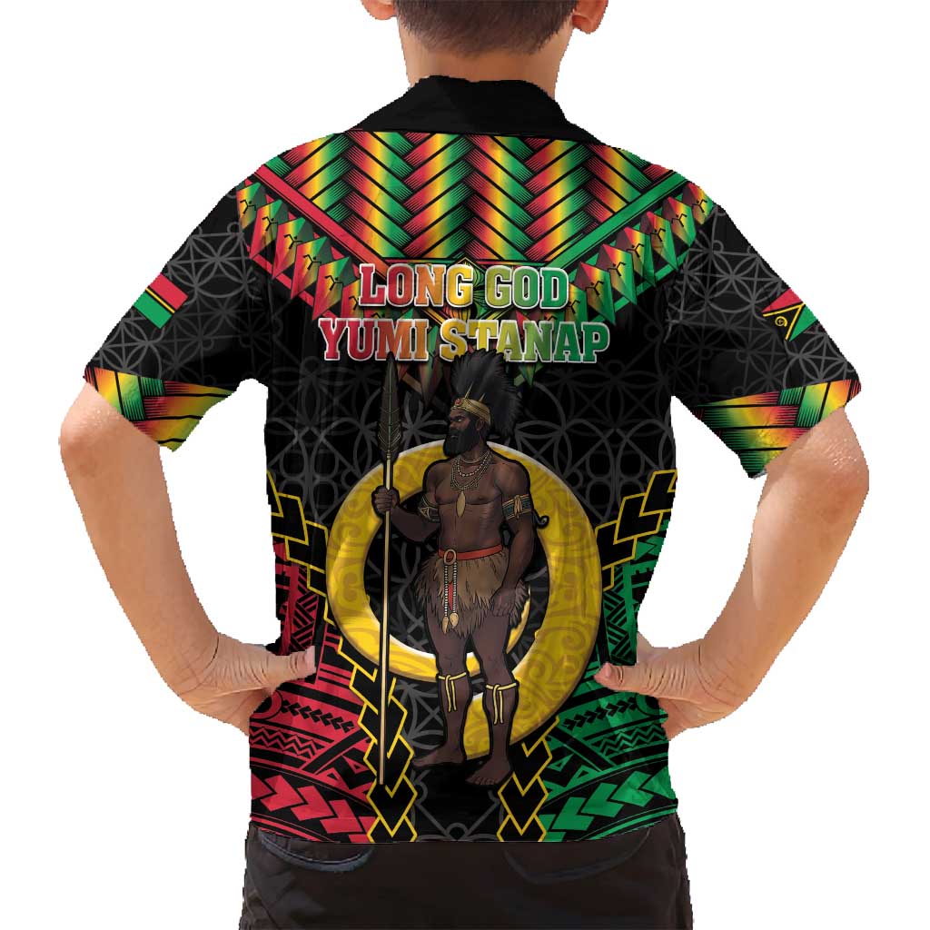Vanuatu 45th Anniversary Independence Day Family Matching Off Shoulder Short Dress and Hawaiian Shirt Melanesian Warrior With Sand Drawing Pattern LT05